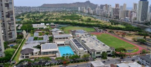 Iolani School in Honolulu:  Diamond Head, Ala Wai Canal, and Waikiki are prominent.